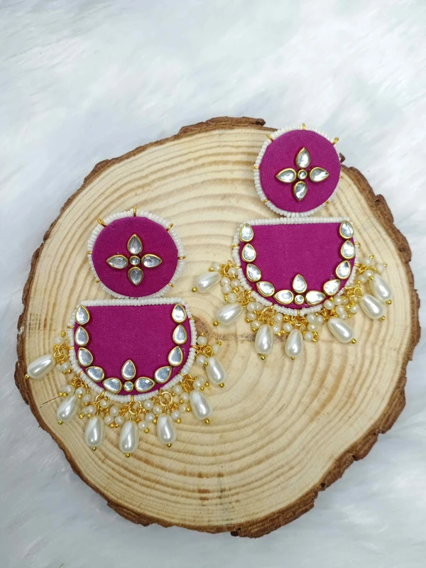 Fabric Pink Kundan Earrings 