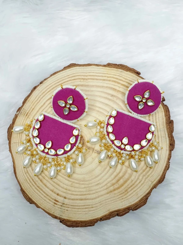 Fabric Pink Kundan Earrings 