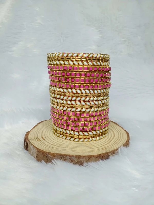 Pink & White Kundan Bangles - 2.6