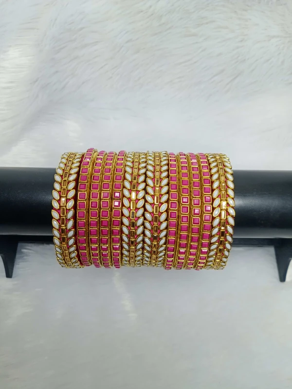 Pink & White Kundan Bangles - 2.6