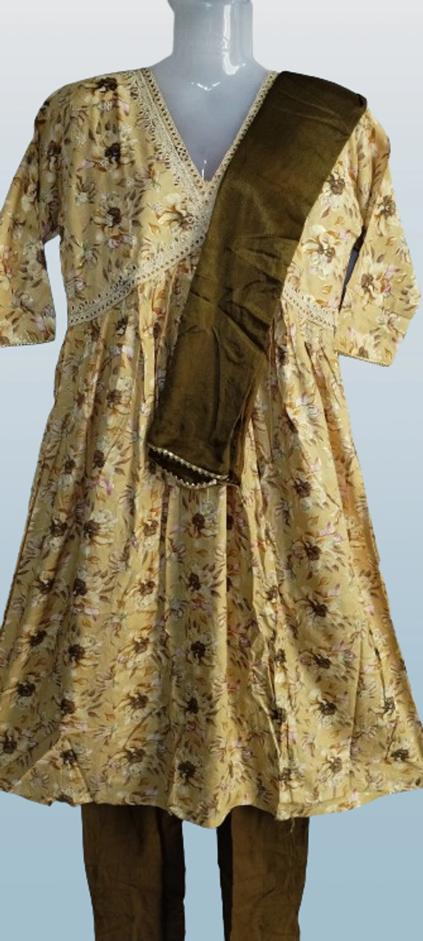 Alia Cut Flower Printed Cream colour Kurta With Pant And Dupatta Sets - M, Cream