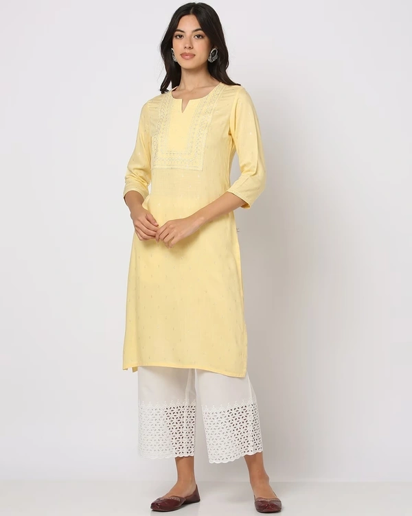 Straight Cut Kurta with Embroidered Yoke - L, Cape Honey