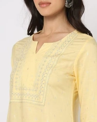 Straight Cut Kurta with Embroidered Yoke - L, Cape Honey