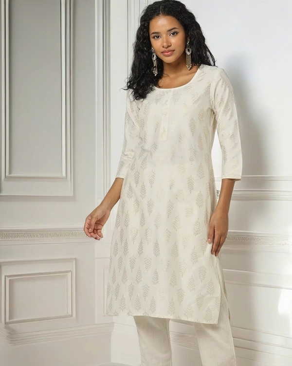 Straight Cut Kurta With Zari Butta Design  - L, Snow Drift
