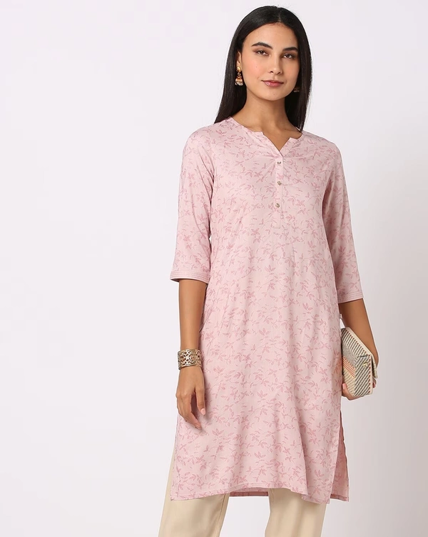 Floral Print Straight Cut Floral Printed Kurta  - M, Oyster Pink