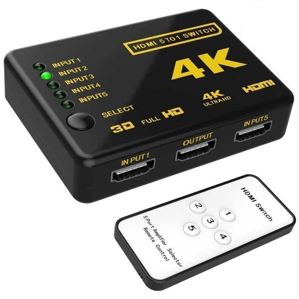 5 in1 4K HDMI Switch Splitter,Intelligent 5-Port HDMI Switch, Supports 4K, Full HD1080p, 3D with IR Remote Video switcher
