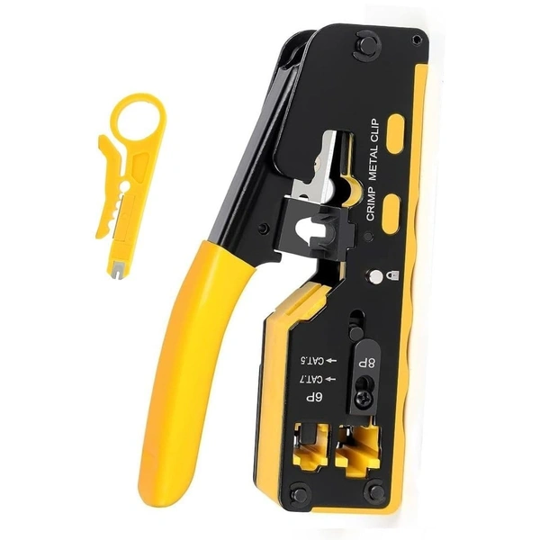 Passthrough Crimping Tool, Cat5/ Cat7 Multifunctional Crimp Tool Alloy Carbon Steel 6P 8P RJ11 RJ12 RJ45 STP/UTP Ethernet Cable Modular Crimping Tool (cat 7 crimping tool - Yellow & Black)