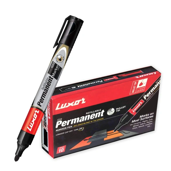 Luxor 1222 Refillable Permanent Bold Marker - Black - Box of 10 | Royal Stationers Best Quality Guarantee