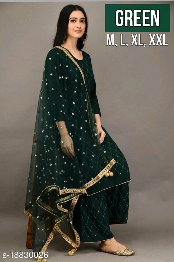 Office Kurti Plazzo And Dupatta Set With Mirror Embroidery Work3 - L