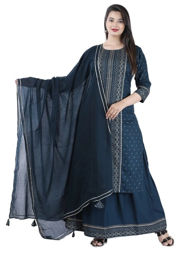 THE VASTRA Rayon Rama Green Kurti Sharara & Dupatta Set For Women & Girls - M