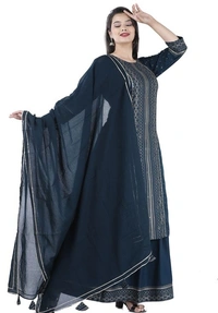 THE VASTRA Rayon Rama Green Kurti Sharara & Dupatta Set For Women & Girls - M