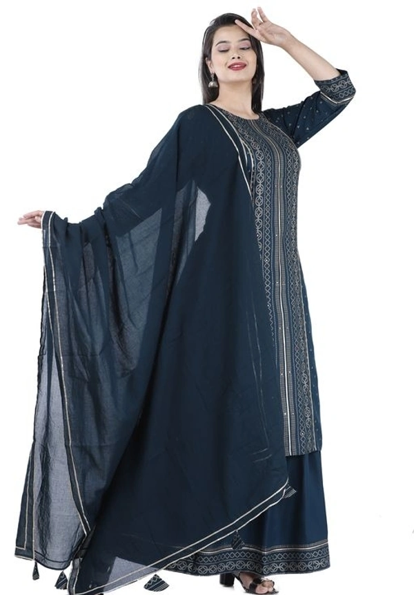 THE VASTRA Rayon Rama Green Kurti Sharara & Dupatta Set For Women & Girls - M