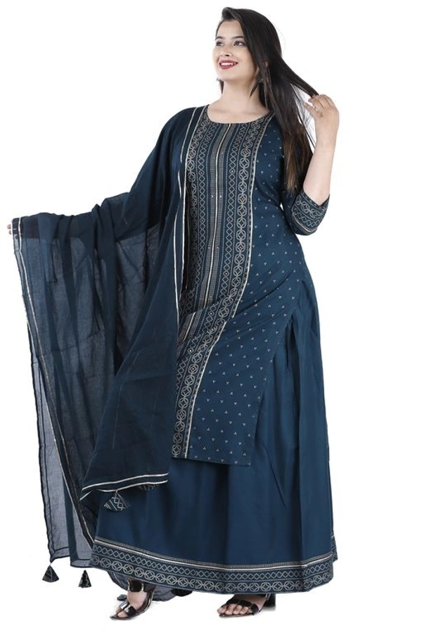 THE VASTRA Rayon Rama Green Kurti Sharara & Dupatta Set For Women & Girls - M
