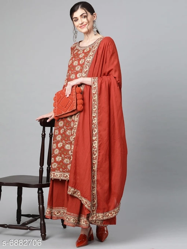 Women Cotton A-line Printed Long Kurti With Palazzos And Dupatta - XL