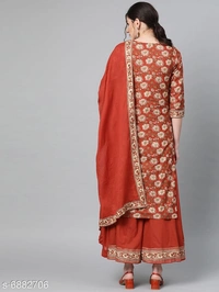Women Cotton A-line Printed Long Kurti With Palazzos And Dupatta - XL