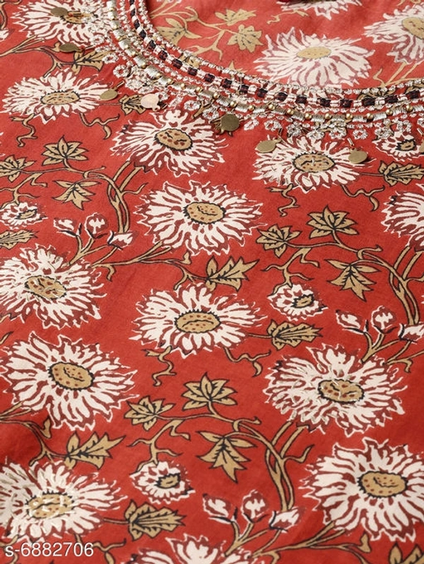 Women Cotton A-line Printed Long Kurti With Palazzos And Dupatta - XL