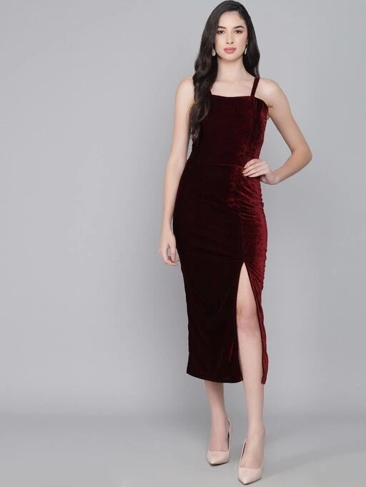 One Piece Dress Sleeveless Dress With Belt Women Maroon Valvet
