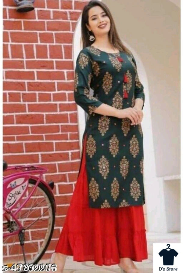 Aagam Fabulous Women Kurta SetsKurta Fabric: RayonBottomwear Fabric: RayonFabric: No DupattaSet Type: Kurta With BottomwearBottom Type: PalazzosSizes:S, XL, L, M, XXLWomen's Beautiful Stylish New Gold Print Kurta with Palazzo  - M
