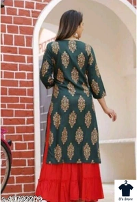 Aagam Fabulous Women Kurta SetsKurta Fabric: RayonBottomwear Fabric: RayonFabric: No DupattaSet Type: Kurta With BottomwearBottom Type: PalazzosSizes:S, XL, L, M, XXLWomen's Beautiful Stylish New Gold Print Kurta with Palazzo  - L