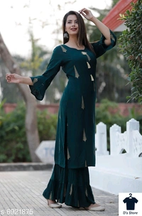 Priya Vijay Straight Botanical Gold Print Kurta Sharara Set - L