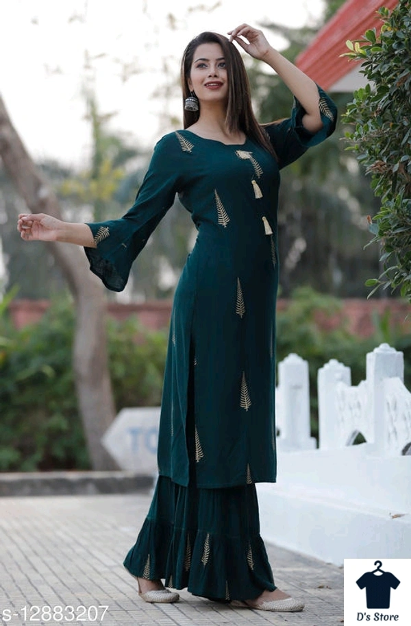Priya Vijay Straight Botanical Gold Print Kurta Sharara Set - XXL