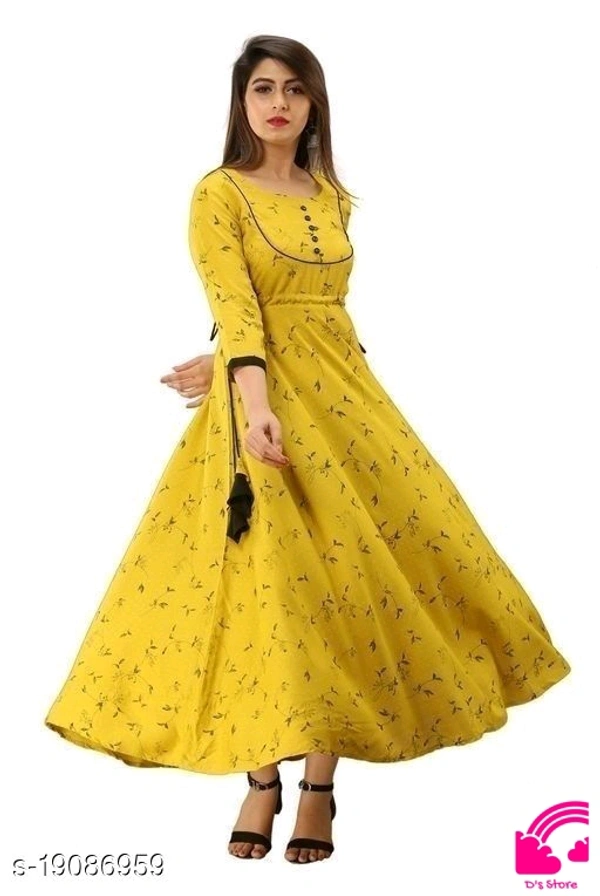 Women Rayon Anarkali Printed Yellow Kurtis  - S