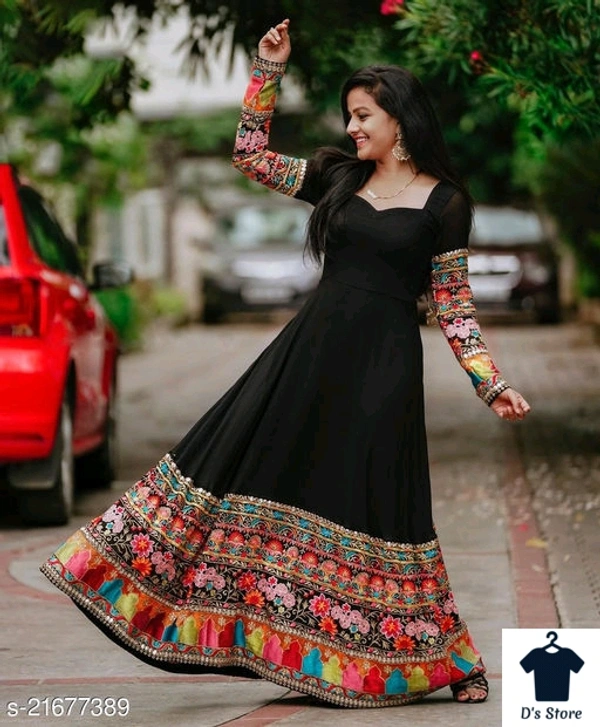 Attractive Women Black With Multicolored Embroidery Gown - S