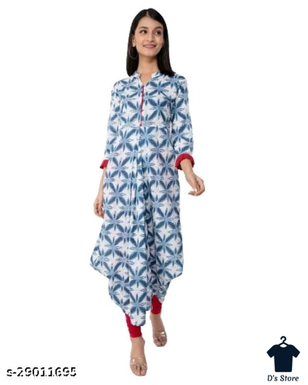 MALHAAR Cotton Floral Print High Low Kurta For Womens (Blue) - M