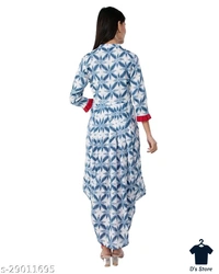 MALHAAR Cotton Floral Print High Low Kurta For Womens (Blue) - L