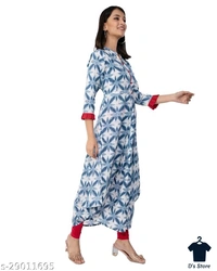 MALHAAR Cotton Floral Print High Low Kurta For Womens (Blue) - XL