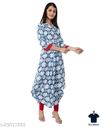 MALHAAR Cotton Floral Print High Low Kurta For Womens (Blue) - XL