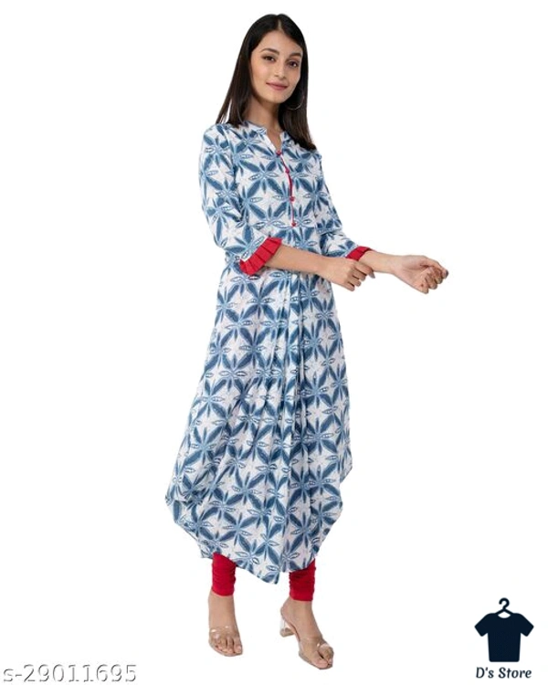 MALHAAR Cotton Floral Print High Low Kurta For Womens (Blue) - XL