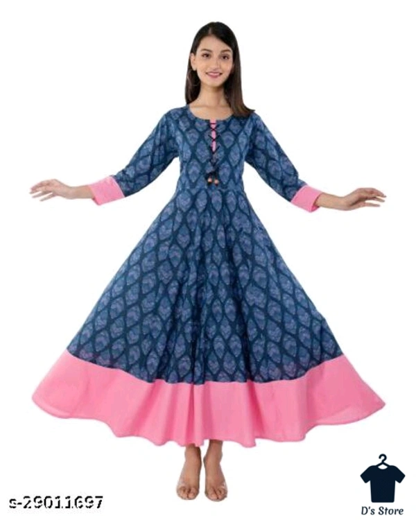 MALHAAR Cotton Floral Print Anarkali Kurta For Womens (Blue) - L