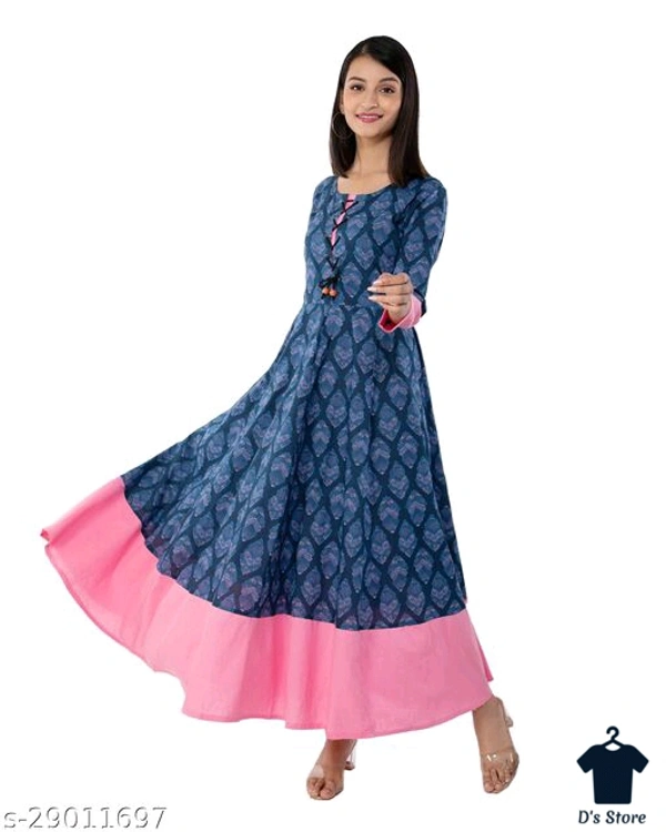 MALHAAR Cotton Floral Print Anarkali Kurta For Womens (Blue) - L