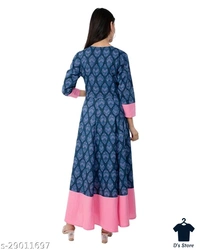 MALHAAR Cotton Floral Print Anarkali Kurta For Womens (Blue) - XXL