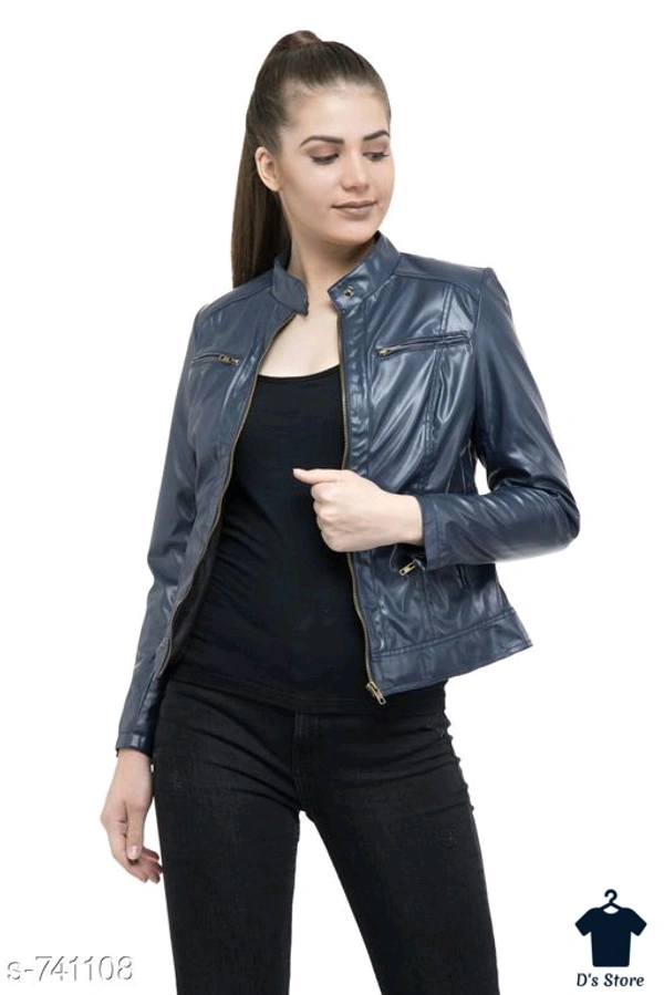 Stylish Women Blue Leather Jacket - L