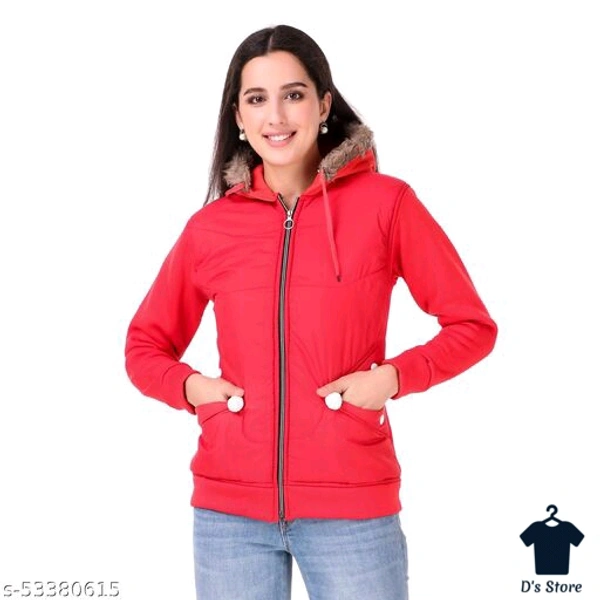 Women Red Wool Winter Jacket With Fur Collar - M