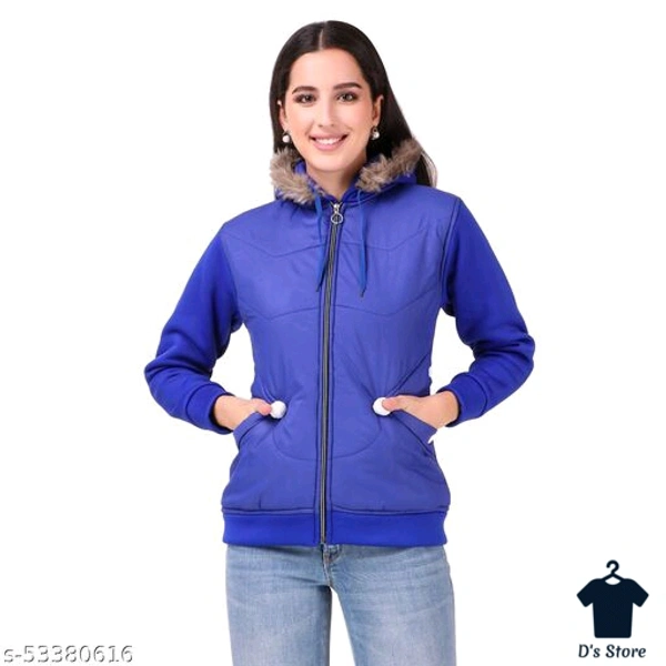 Women Stylish Blue Woolen Winter Jacket With Fur Collar - S