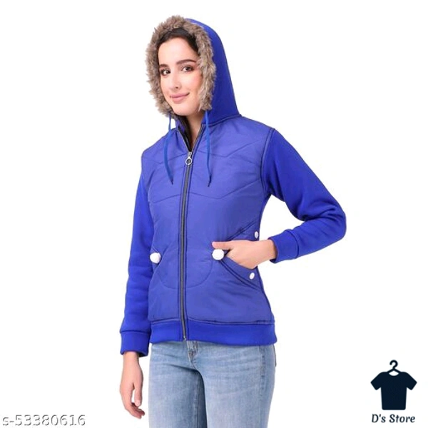 Women Stylish Blue Woolen Winter Jacket With Fur Collar - S