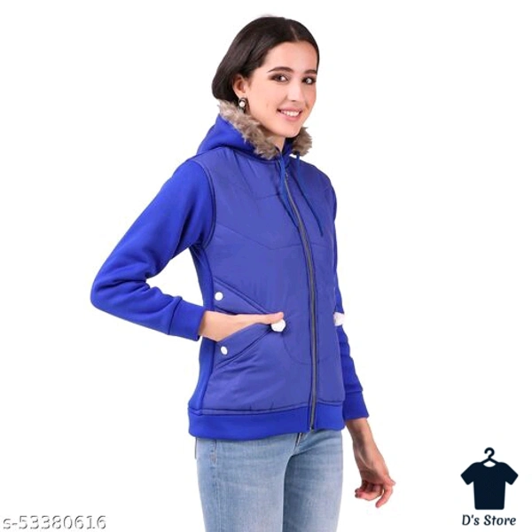 Women Stylish Blue Woolen Winter Jacket With Fur Collar - L