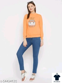 Orange Women Sweatshirt Round Neck Printed - M