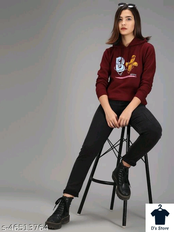 Maroon Color Women Printed Hoodie - L
