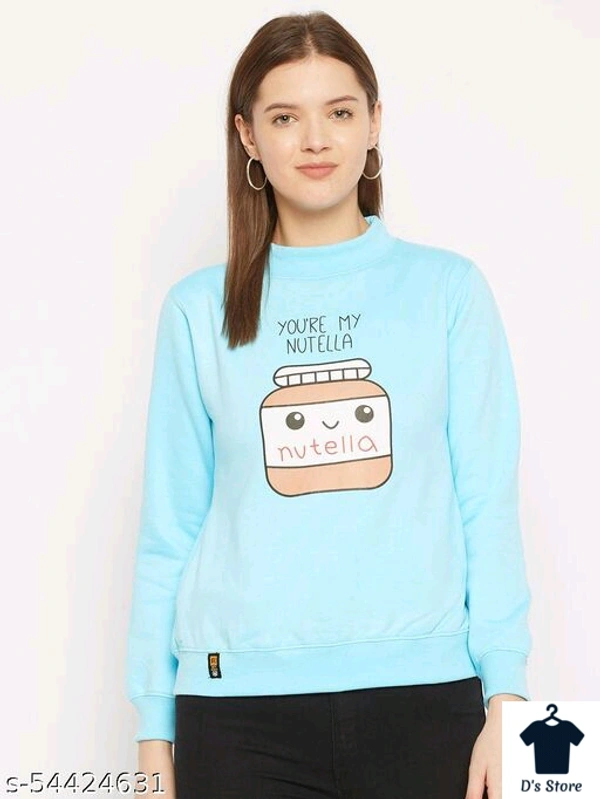Sky Blue Printed Women Sweatshirt Round Neck - XL