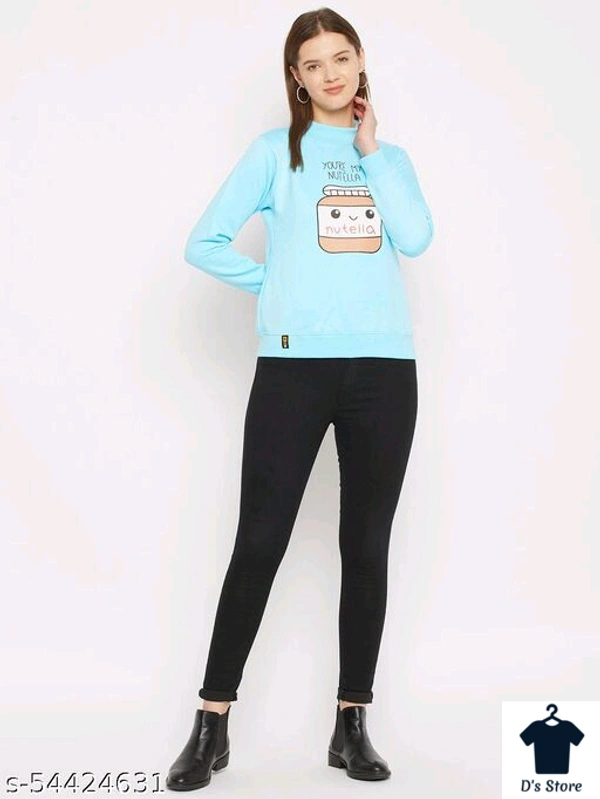Sky Blue Printed Women Sweatshirt Round Neck - XL
