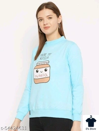 Sky Blue Printed Women Sweatshirt Round Neck - XL