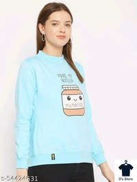 Sky Blue Printed Women Sweatshirt Round Neck - L