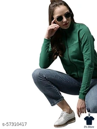 Women Dark Green Front Open Printed Hoodie - M