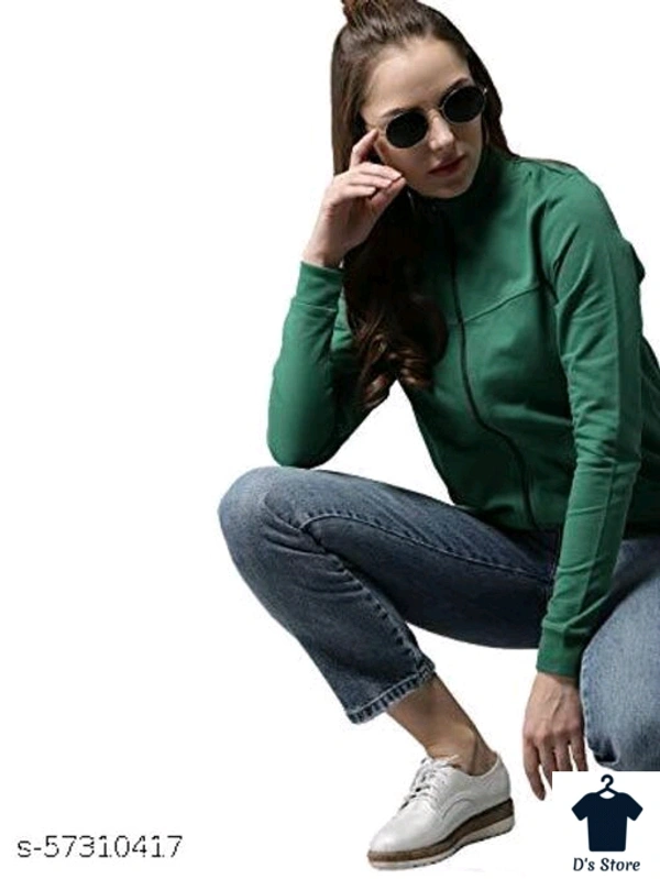 Women Dark Green Front Open Printed Hoodie - L