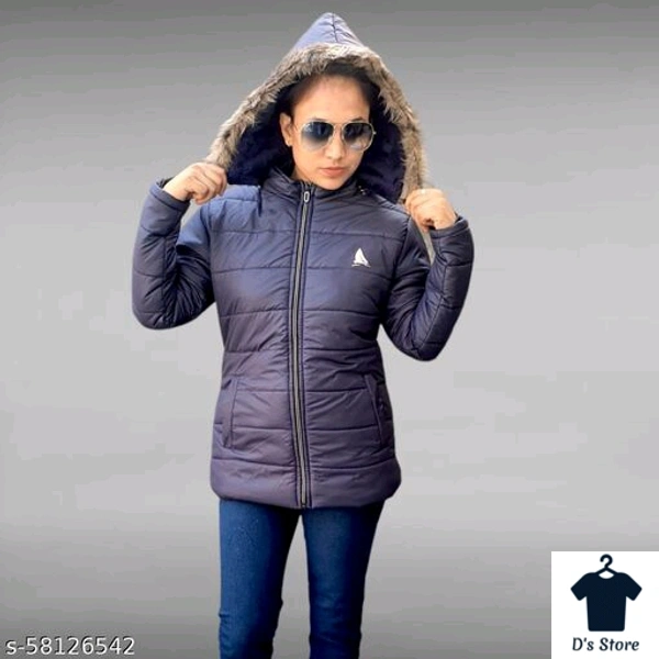 Dark Blue Women Fur Jacket With Fur Hood - S