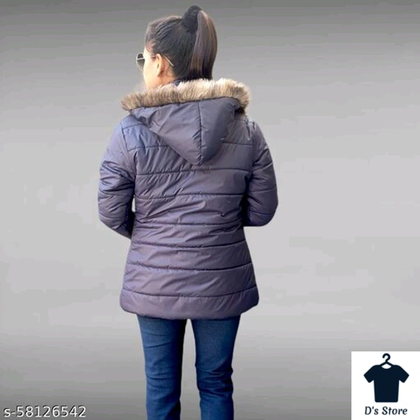 Dark Blue Women Fur Jacket With Fur Hood - S
